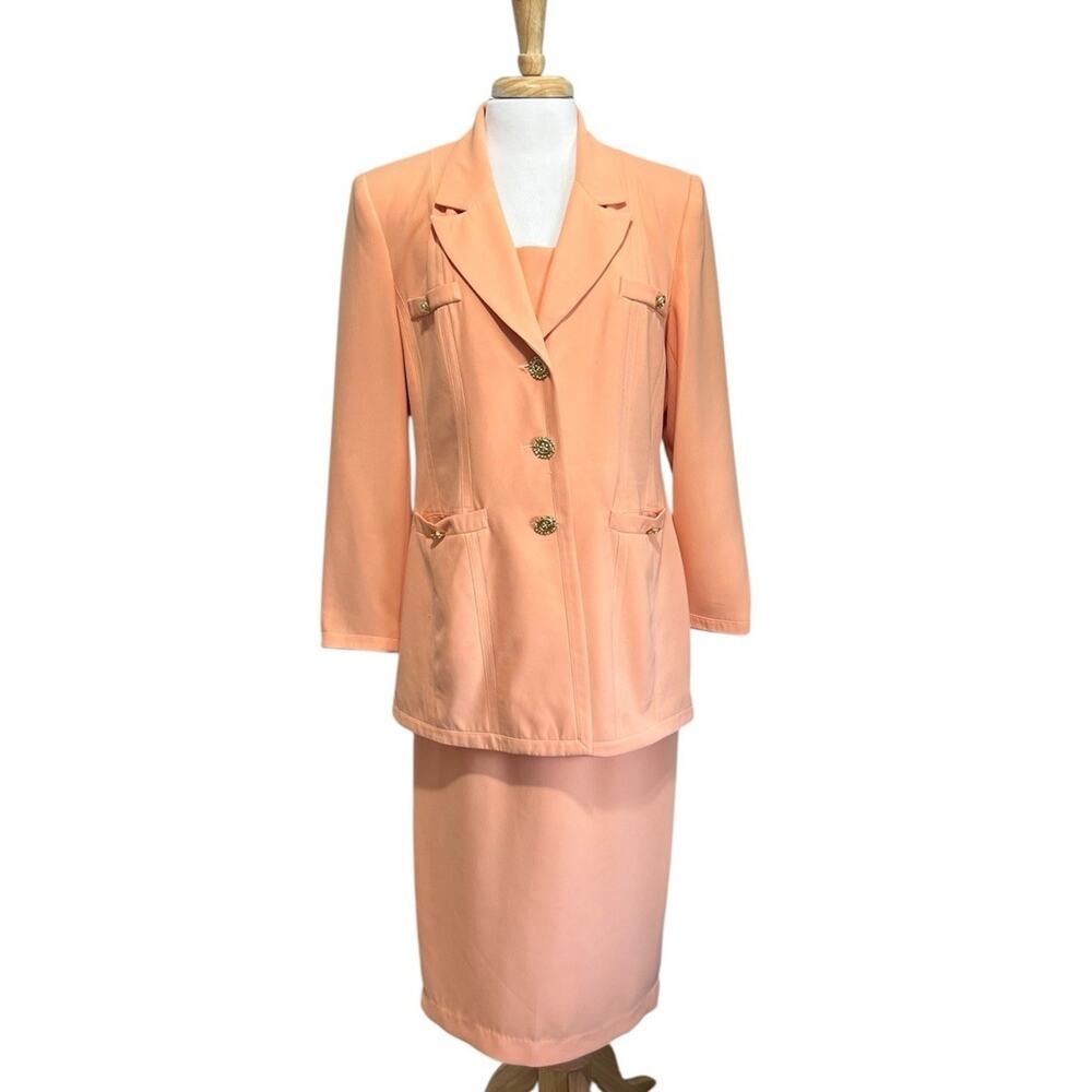 Champagne Italy Apricot Orange 2pc Skirt Suit Rhinestone Button Semi-Formal FLAW